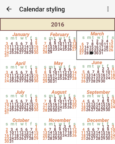 Android Calendar year view styling