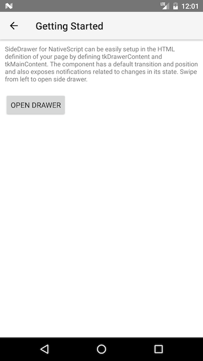 Side drawer main content on Android. TelerikUI-SideDrawer-Getting-Started